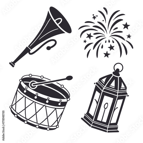Celebration icons including drum, horn, lantern, and fireworks