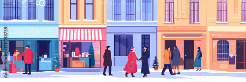 Winter street scene with people shopping holiday gifts at colorful old town storefronts with festive decorations and winter clothing vector illustration