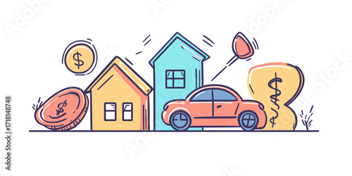 Hand drawn doodle icons of houses car coins money bag financial investment savings and banking elements in minimalist line art style for loan interest and discount concept