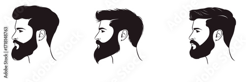 Set of three male side profile portraits with detailed beard moustache haircut styles black silhouette flat vector illustration for barber hairdresser logo design template