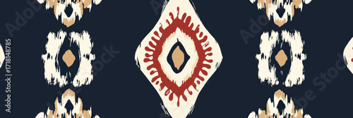 Seamless ikat textile pattern with diamond and abstract brush stroke motifs in navy blue, cream, red, and beige colors for fabric and fashion design