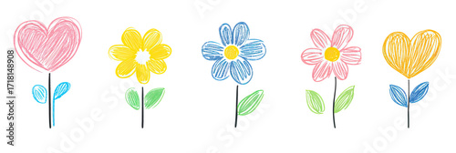 Hand drawn colorful heart and flower doodles with stems and leaves in childlike crayon chalk style on white background vector illustration set