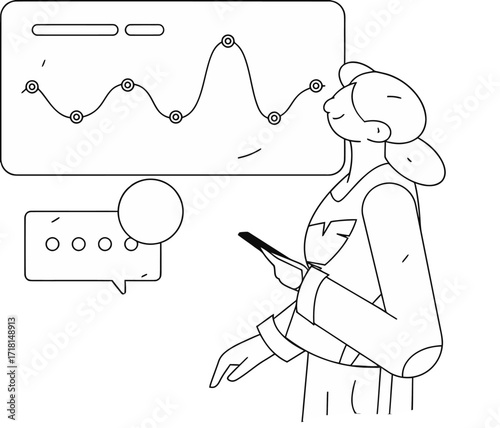 Design woman analyzing data analytics graph on screen with mobile phone for business and financial growth verctor art illustration png