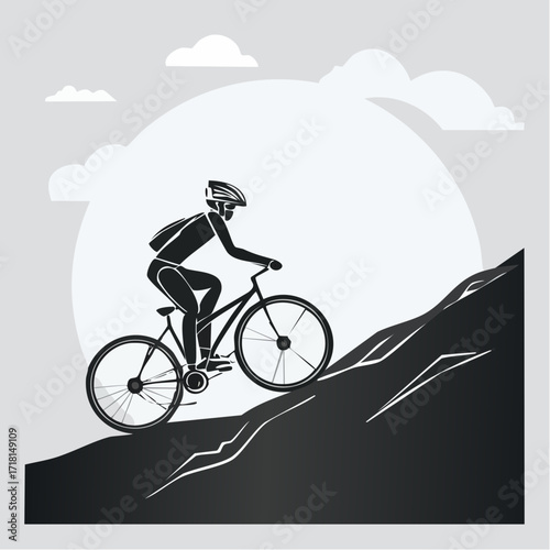 Silhouette of a mountain biker ascending a steep hill under a large moon.