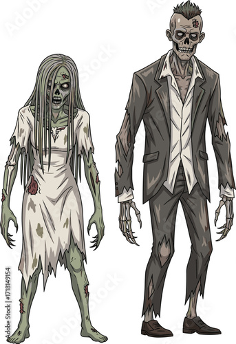 Cartoon zombie couple in tattered clothing, horror monster illustration, Halloween vector art, undead clipart, creepy and gory spooky design for horror themes