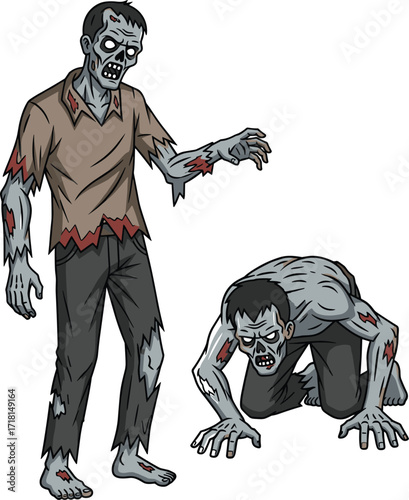 Cartoon zombie pair with crouching animalistic pose, horror monster illustration, Halloween vector art, undead clipart, creepy and gory spooky design