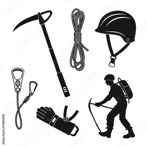 Climbing equipment and silhouette of a climber with ice axe Keywords: climbing, mountaineering