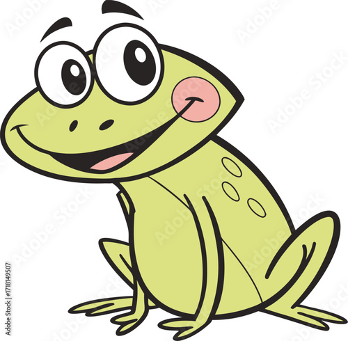 A light green frog. It has large, expressive eyes, a wide smile, and a subtle pink blush on its cheeks. The frog is drawn with bold black outlines and is sitting with its front legs tucked in.