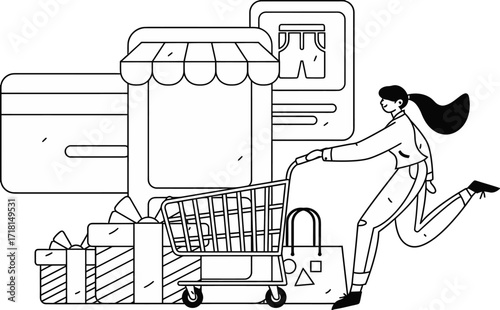 Design online shopping e commerce retail store shop cart credit card gifts purchase woman running sale buy now verctor art illustration png