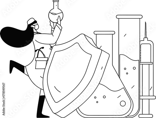 Scientist meticulously examining a flask near protective shield and laboratory equipment, symbolizing research, innovation, and safety in scientific discovery