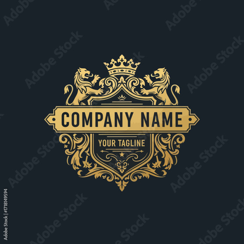Luxurious Golden Lion Crest Logo with Royal Crown and Ornate Scrollwork for Premium Branding, Flat Vector Elements, Vector Illustration, Simple Vector, Stylized Vector Drawing, Vector Template, Clean