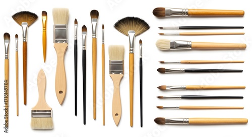 Collection of paint brushes of various sizes and shapes isolated on white