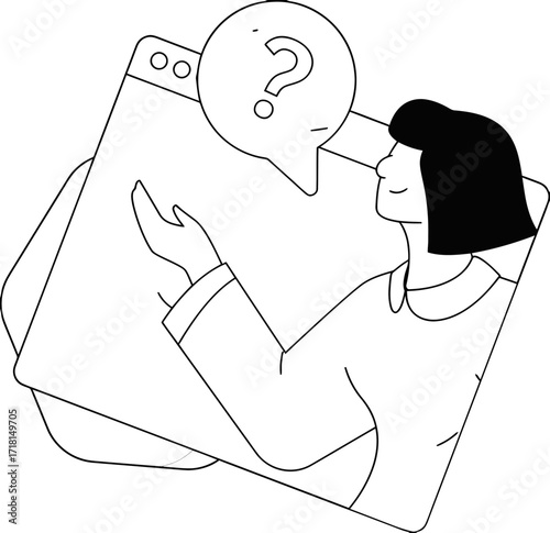 Confused person seeking answers online with a question mark bubble appearing over a digital device, representing problem-solving and information seeking.