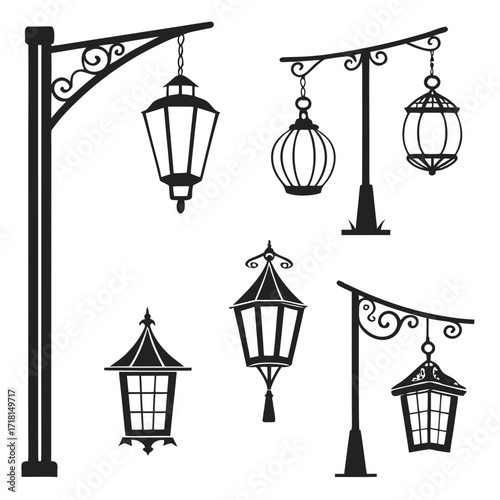 Collection of black silhouette street lamps and lanterns