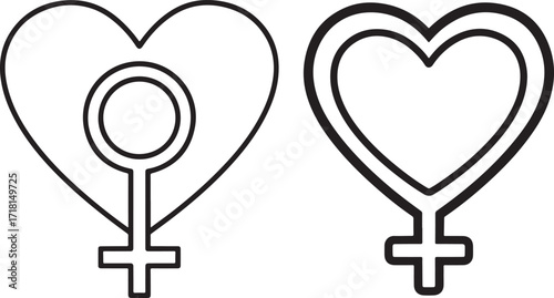 Two heart shapes with female symbols silhouette