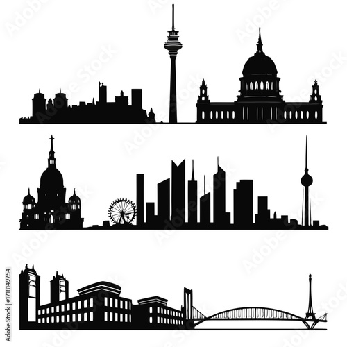 Collection of city skylines silhouettes with landmarks Keywords: skyline, silhouette, city