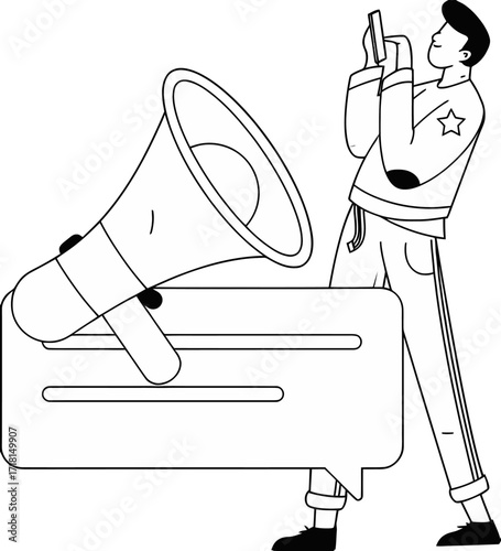 Dynamic communicator amplifies messages using a megaphone and digital platform, sharing news and engaging audiences in a modern, visual style