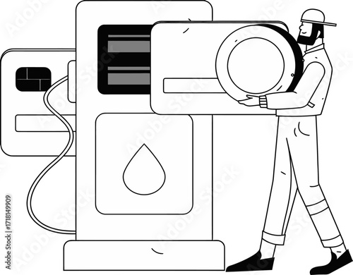 Man in uniform smoothly inserts credit card into modern gas pump for easy payment, illustrating convenient fueling and transaction convenience for drivers on the go.