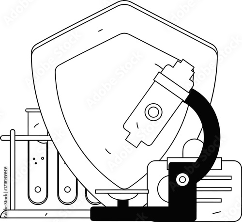 Scientific research and development with microscope test tubes and a protective shield symbolizing innovation and safety in laboratory discovery