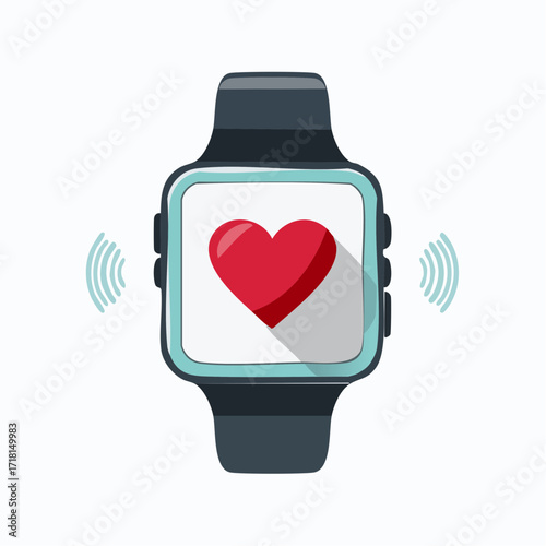 A smartwatch displays a red heart icon, symbolizing health monitoring and fitness tracking capabilities.