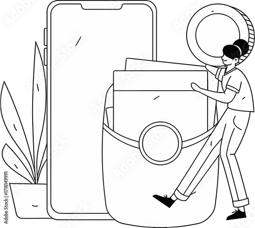 Young person enthusiastically managing finances with a smartphone and wallet, symbolizing digital banking and financial planning for modern living