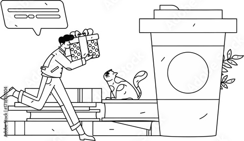 Joyful person running with gift past books and curious cat towards giant coffee cup, conveying excitement and surprise for a special occasion or caffeine boost.