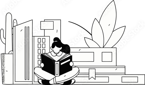 Young woman engrossed in reading a book amidst stylized city buildings and lush greenery, embracing knowledge and urban tranquility