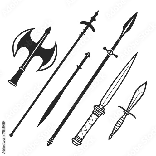 Collection of Medieval Weapon Silhouettes on White Background