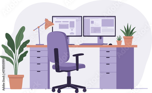 Modern Minimalist Home Office Setup with Ergonomic Chair and Dual Monitor Display