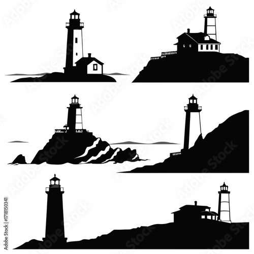 Collection of six black silhouette lighthouse illustrations Keywords: lighthouse, coast, sea