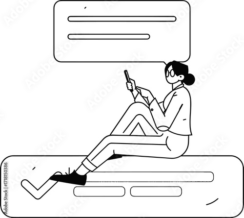 Modern businesswoman actively engaging with digital content on a tablet, communicating ideas and insights with a clear thought bubble above her head conveying important messages.