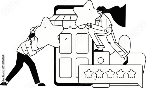 Enthusiastic entrepreneurs collaboratively build brand reputation by placing large stars atop a stylized storefront, symbolizing customer satisfaction and business success.