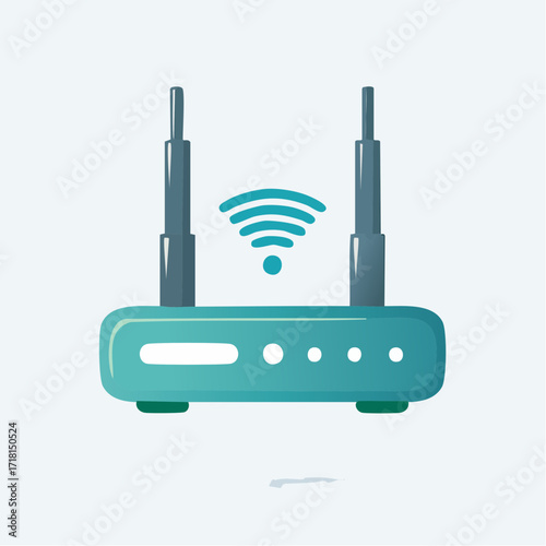 A teal router with two antennas and a wifi symbol.
