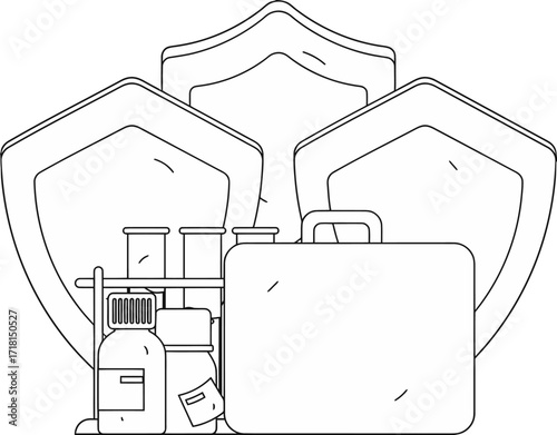 Professional scientific research and development protection with secure briefcase and laboratory vials symbolizing innovation and safety in a modern business context