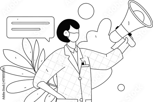 Confident professional communicates vital information with a megaphone and speech bubble, inspiring action and engagement for modern communication campaigns