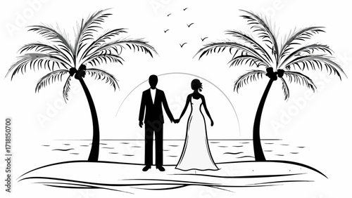 Romantic beach wedding getaway with palm trees and sunset celebrating love and commitment with black and white elegance, timeless wedding design