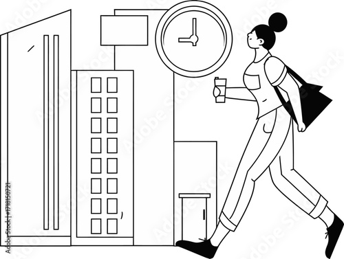 Modern professional woman briskly walks past city buildings with coffee in hand, keeping pace with the ticking clock towards her goals.