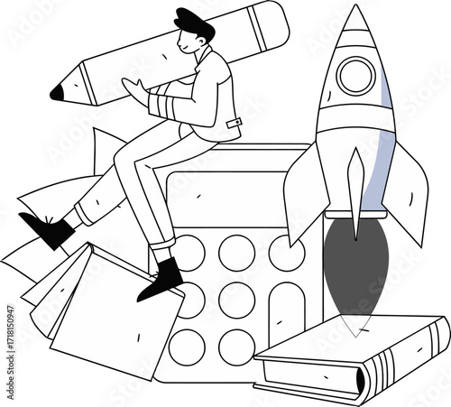 Ambitious entrepreneur launching innovative ideas with giant pencil and rocket symbolizing rapid business growth and creative project development