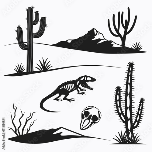 Desert landscape with dinosaur skeleton and cacti fossil