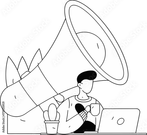 Dynamic entrepreneur amplifying brand message with giant megaphone and laptop, embracing modern marketing strategies for impactful communication and business growth
