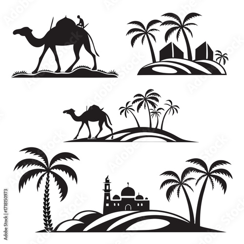 Desert Oasis Scenes with Camels and Palm Trees Keywords: camel, desert, oasis, palm trees