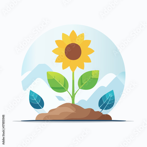 Illustration of a sunflower growing from a mound of dirt with a mountain background.