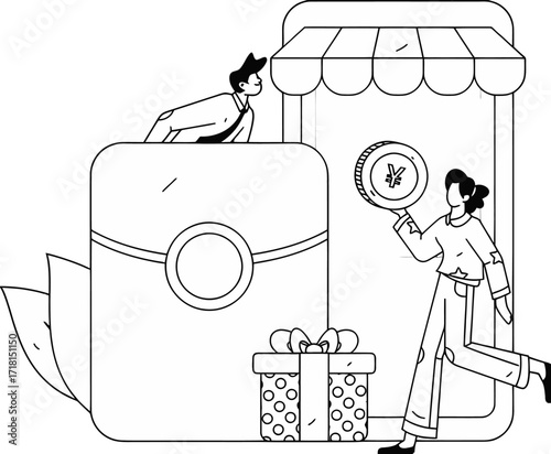Excited entrepreneur celebrating online shopping success with yen coin and gift box, capturing modern e-commerce growth and financial rewards.