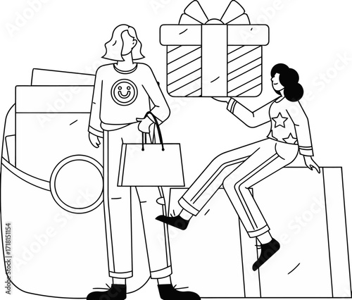 Excited friends celebrating holiday shopping success with gift boxes and shopping bags, embracing festive joy and retail therapy adventures together