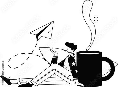 Young man dreams of flight holding a paper airplane, a steaming mug of coffee nearby, symbolizing inspiration and creative journey