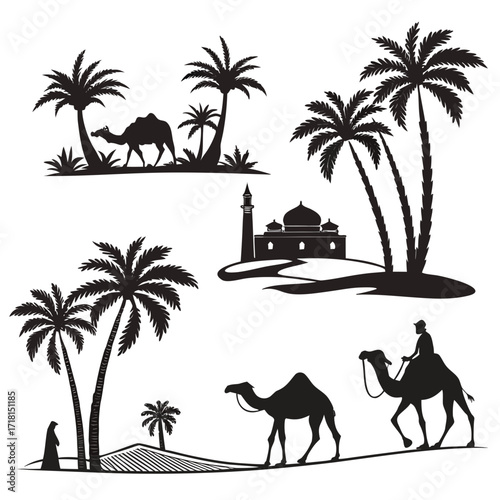 Desert Scenes with Camels, Palm Trees, and Islamic Architecture Keywords: camel, desert