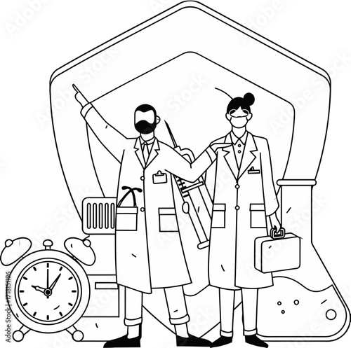 Dedicated scientists collaborating on breakthrough research, symbolizing innovation, discovery, and the pursuit of medical advancements with essential tools and time management.