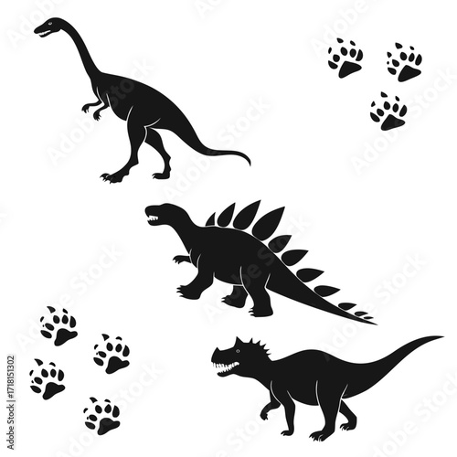 Dinosaur silhouettes and paw prints arranged on white