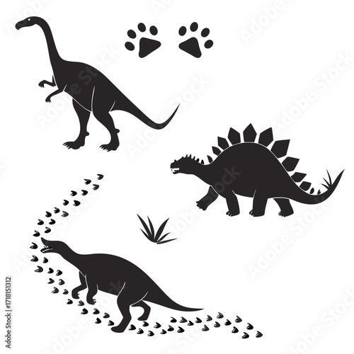 Dinosaur silhouettes and footprints on white background