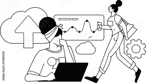 Dynamic professionals collaborate on data analysis and cloud uploads, showcasing modern teamwork and digital workflow for innovative business growth.